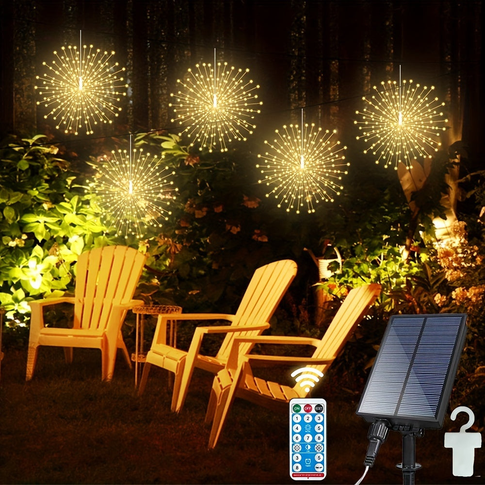 5 Stck 450LEDs Solar Starburst Kugellicht Feuerwerkslicht Fernbedienung Timer 8 Modi Dimmbare Hngende Lichterkette Kupferdraht Funkelnde Lichter fr Terrasse Party Zelt Weihnachten